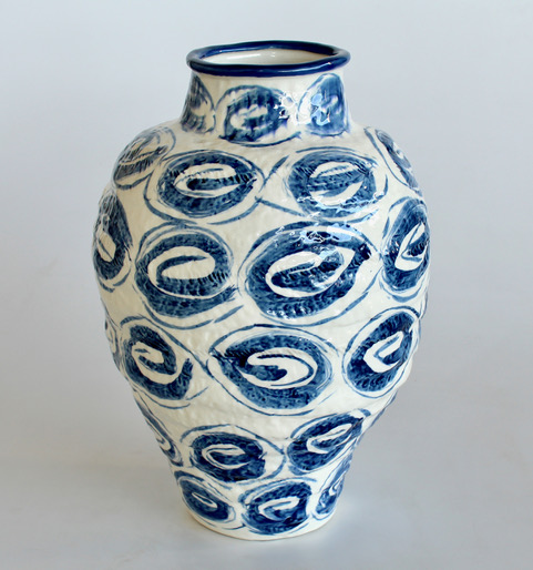 Large Blue Swirl Dot Ceramic Vase